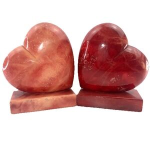 Hand Carved Red Alabaster Stone Heart Bookends by Duccesschi Italy Love Flaws